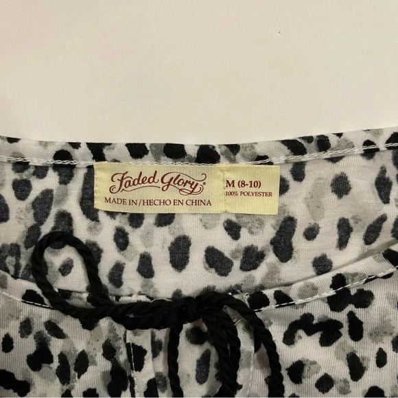 Faded Glory 3/4 Sleeve Peasant Top Womens Med Black/White Animal Print Rope Tie - Picture 8 of 10